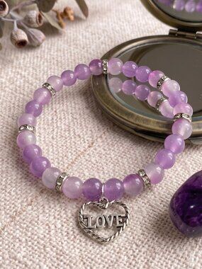 3/$20 New Handmade Purple Glass Beaded Stretch Bracelet Silver Love Heart Charm